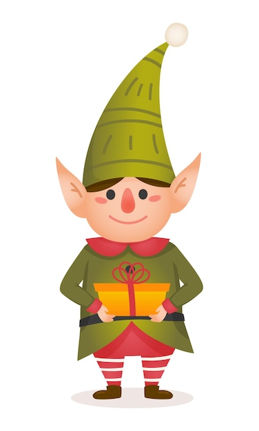 Vector kerst elf cartoon personage little santa's helper in groen kostuum staande en houdende cadeau doos