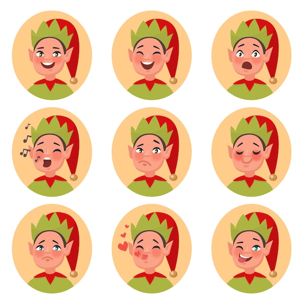 Kerst elf emoji gezicht. set van verschillende emoties karakters. illustratie