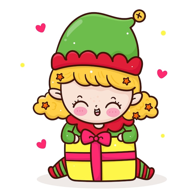 Kerst elf en santa cadeau kawaii karakter