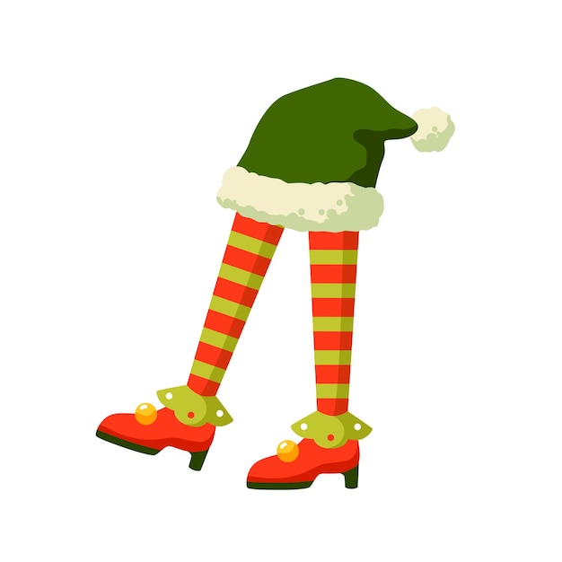 Vector kerst elf voeten in gestreepte sokken platte vectorillustratie. kerstmanhelper met groene nieuwjaarshoed. xmas folklore wezen stripfiguur. grappige elfachtige benen in laarzen die op witte achtergrond worden geïsoleerd.