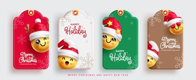Kerst emoji tags vector decorontwerp Prettige kerstdagen en gelukkig nieuwjaar tekst met schattige emoji's