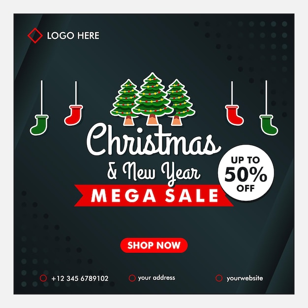 Vector kerst en nieuwjaar mega sale banner met zwarte achtergrond ontwerpsjabloon