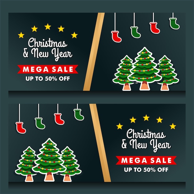 Vector kerst en nieuwjaar mega sale banner met zwarte achtergrond ontwerpsjabloon