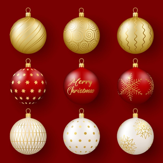 Kerst- en nieuwjaarsdecor set van 3d-realistische gouden witte en rode glazen bollen met een ornament