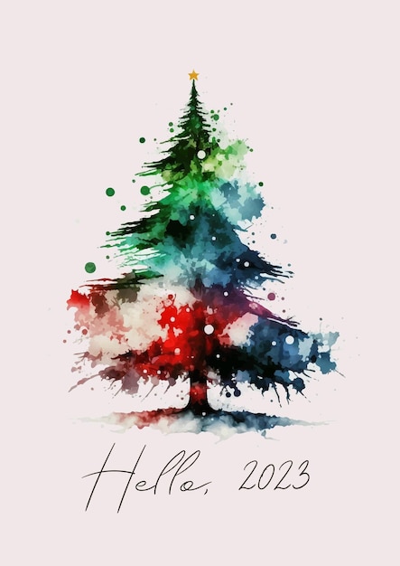 Kerst- en nieuwjaarskaart met kerstboom hallo 2023 hallo
