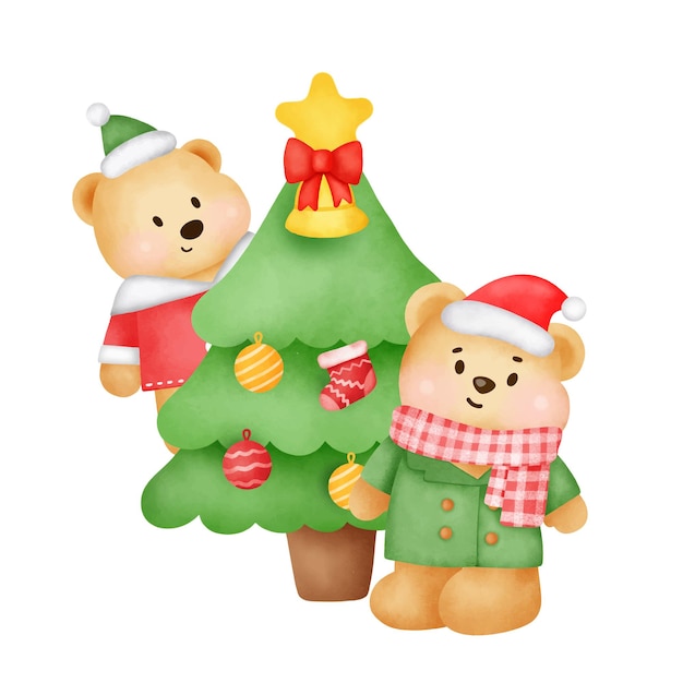 Kerst- en nieuwjaarswenskaart met een schattige teddybeer en geschenkdoos in aquarelstijl.