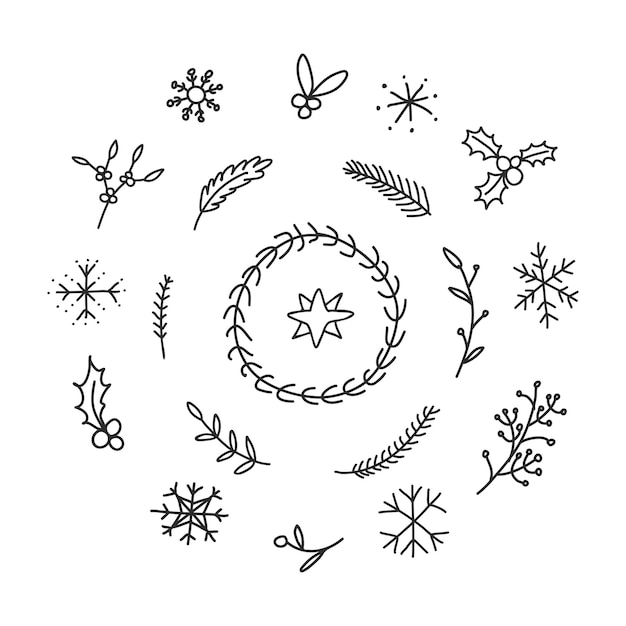 Kerst en winter doodle hand getekende planten sterren sneeuwvlokken in cirkel krans decoratie