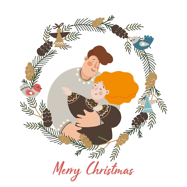 Kerst familie illustratie met decoratieve krans
