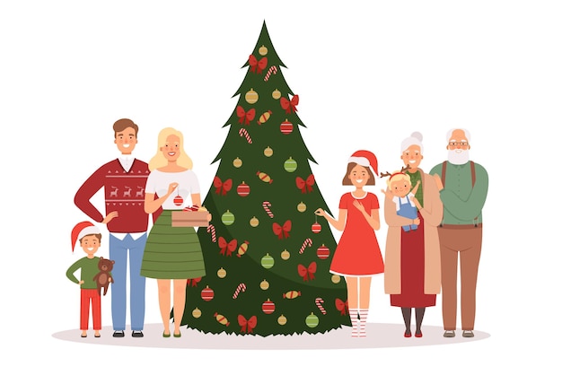 Vector kerst familie. moeder vader kinderen en grootouders staan in de buurt van kerstboom met nieuwjaarsgeschenken vector cartoon achtergrond. kerstviering familie met groene boom en geschenken illustratie