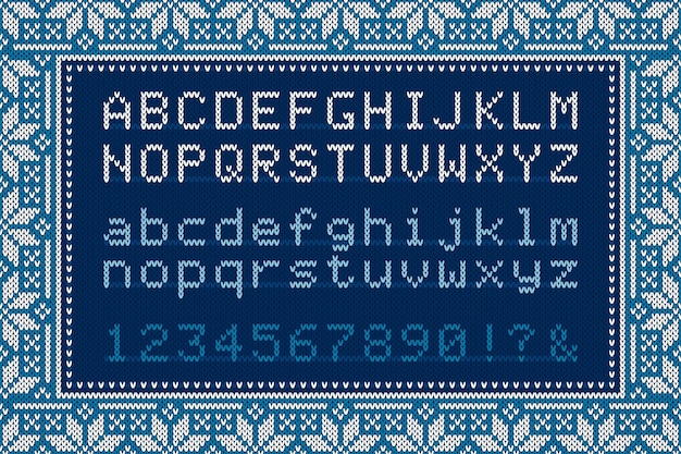 Kerst gebreide lettertype Latijnse alfabetletters en cijfers op Knit BackgroundxA