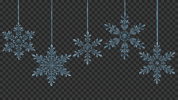 Kerst grote complexe doorschijnende hangende sneeuwvlokken in lichtblauwe kleuren op transparante achtergrond. transparantie alleen in vectorformaat