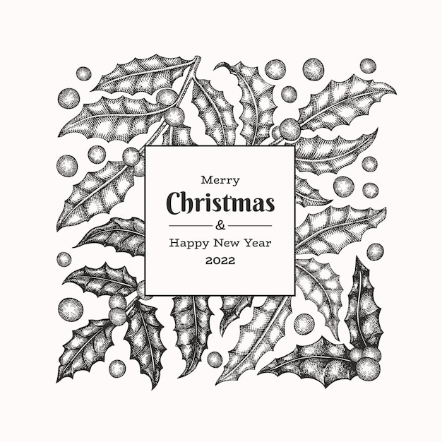 Kerst hand getekende vector wenskaart ontwerpsjabloon. vintage stijl botanische illustratie. winter planten kerst banner.