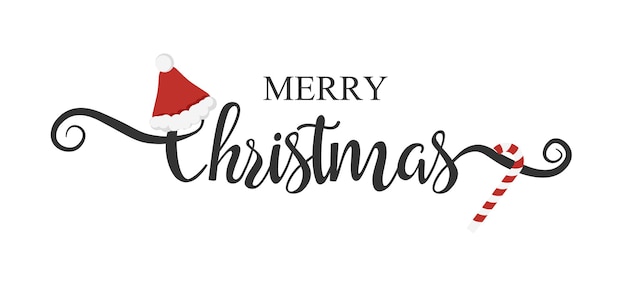 Vector kerst handgeschreven letters geïsoleerd op een witte achtergrond xmas tekst versierd kerstmuts en snoep