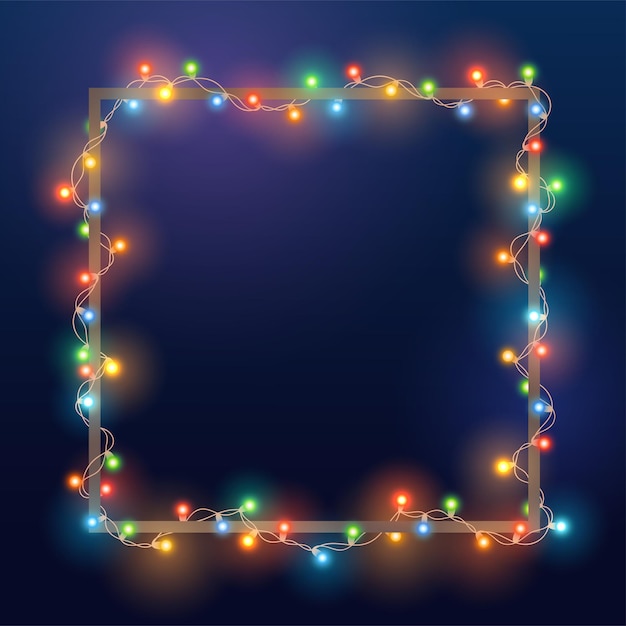 Kerst heldere kleurenslinger op vierkant frame. sjabloon met realistische lichten op blauwe achtergrond