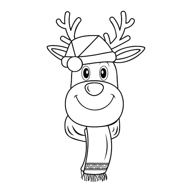 Kerst herten in een muts en sjaal zwarte omtrek kleuren doodle stijl vectorillustratie