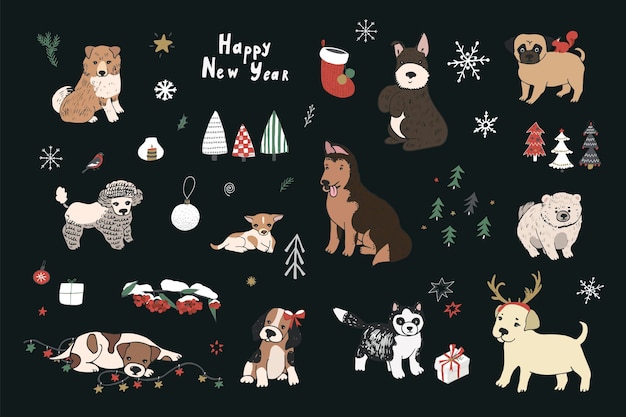 Kerst honden dierlijke vector illustraties set