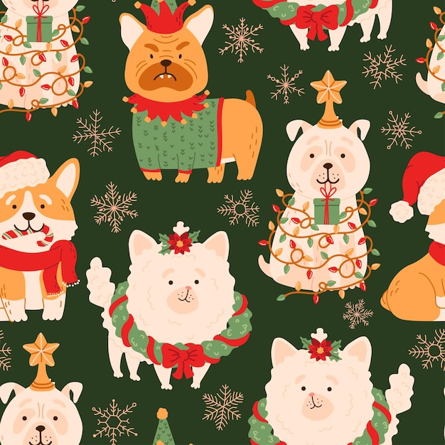 Kerst honden geschenken en sneeuwvlokken vector naadloze patroon Schattige puppy gekleed in kerst kostuums