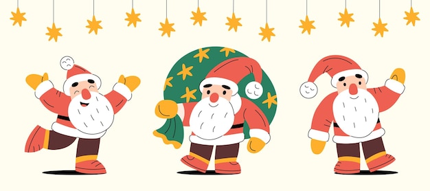 Vector kerst horizontale banner met santa clauses lachende begroeting en zwaaiende handen