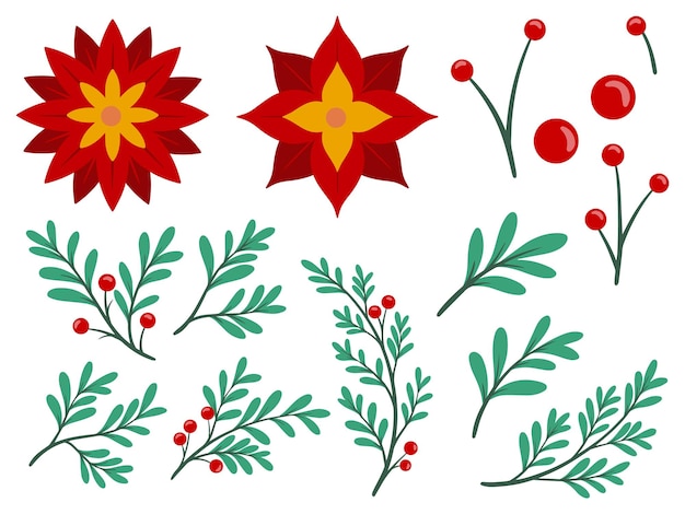 Kerst Hulst Bladeren Met Bloemen Illustratie Set