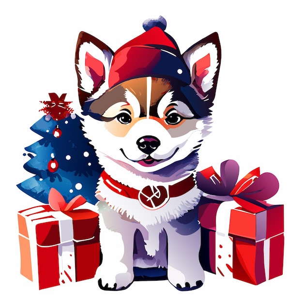 Kerst husky puppy hand getekend cartoon sticker pictogram concept geïsoleerde illustratie