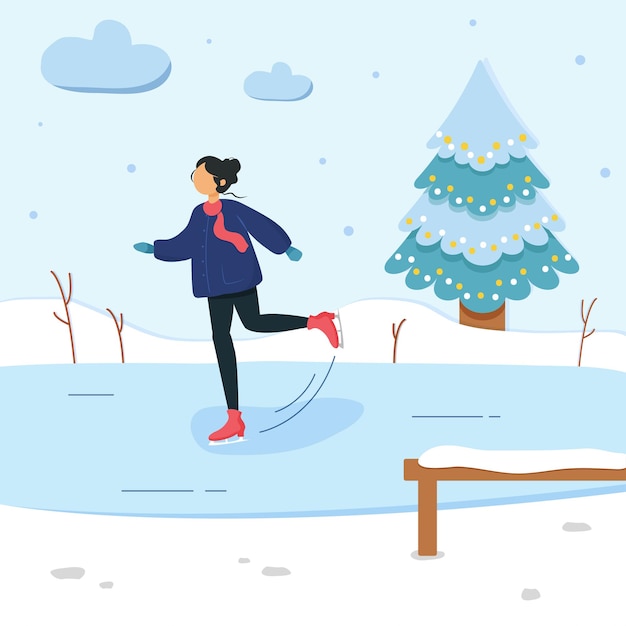 Kerst illustratie meisje schaatsen op het meer