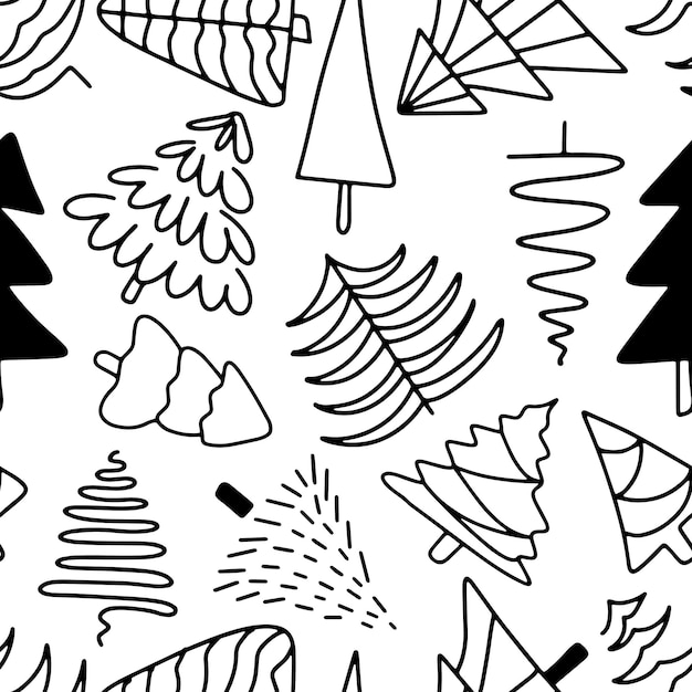 Kerst illustratie naadloze patroon achtergrond Zwarte fir tree pine doodle lijn op wit