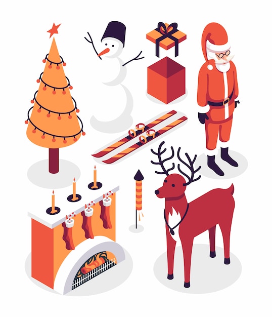 Kerst illustratie, winter icon set, isometrische collectie