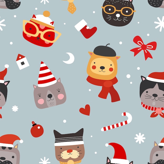 Kerst katten naadloze patroon schattige kittens in santa hoeden warme hoofddeksels en glazen Happy xmas huisdieren vector inwikkeling textuur patroon kat in hoed kerst cartoon dierlijke illustratie