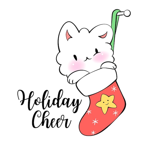 Kerst kawaii kat met sok vakantie cheer vector sticker voor messenger