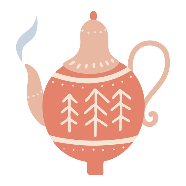 Kerst Keramische theepot. Leuke theeketel in retro stijl. Handgetekend keukenservies. Grafisch getextureerde waterkoker geïsoleerd element. Vector platte hand getekende illustratie. Slechts 5 kleuren, gemakkelijk te herkleuren.