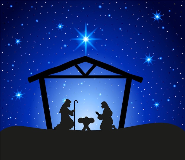 Kerst kerststal met baby Jezus Maria en Jozef in de kribbe Traditioneel christelijk kerstverhaal vectorillustratie voor kinderen eps 10