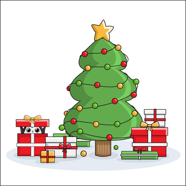 Kerst kinderillustratie van nieuwe jaar schattige pinguïns met kerstboom en cadeau