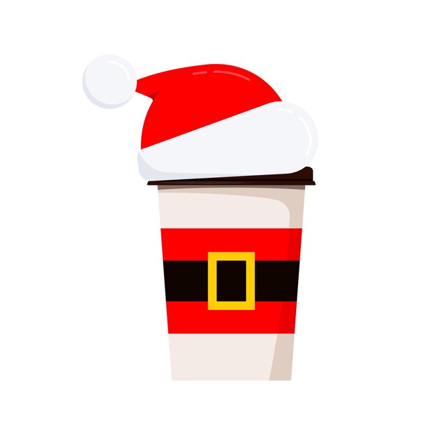 Kerst koffie of thee beker met rode kerstmuts en gouden gesp riem geïsoleerde witte achtergrond vector platte ontwerp cartoon stijl mok om te gaan illustratie ontwerpelement voor kerstkaart banner web