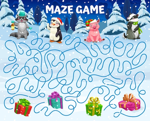 Kerst labyrint doolhofspel dierlijke stripfiguren en cadeautjes op sneeuw kinderen puzzel quiz wintervakantie vector werkblad hulp aan kerstpersonages weg vinden naar geschenken pinguïn varken en wasbeer