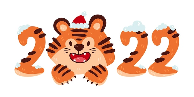 Vector kerst lachende cartoon tijger 2022 met kerstmuts chinees nieuwjaar dierenriem dier