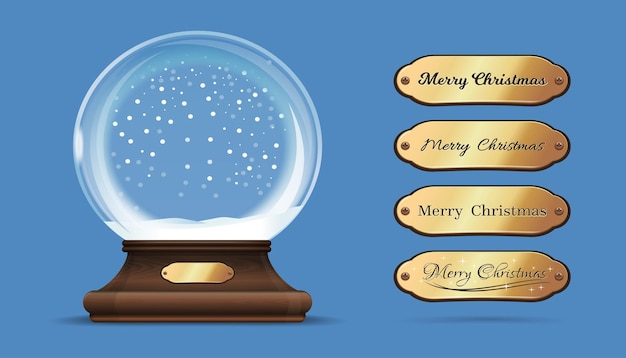 Kerst lege sneeuwbol met verwisselbare gouden teken. vrolijk kerstfeest. lege sneeuwbol met vervangbare inscripties. vector illustratie
