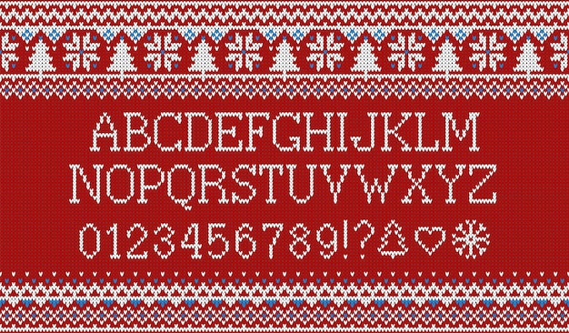 Kerst lettertype Gebreid Latijns alfabet op naadloos gebreid patroon met sneeuwvlokken