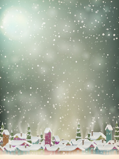 Kerst licht, dorp en sneeuwvlokken achtergrond