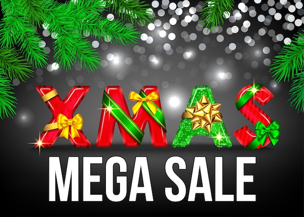 Vector kerst mega sale banner met rode en groene decoratieve letters met cadeau boog, lint en spar tak. xmas tekst op zwarte achtergrond. speciale aanbieding voor de wintervakantie. vector sjabloon.