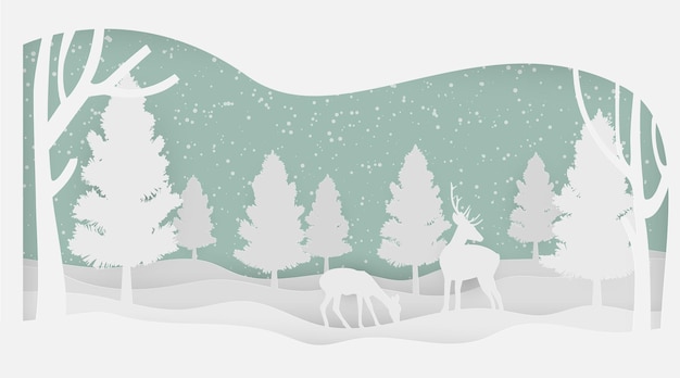 Kerst met herten in bos- en dennenbomen Papieren kunststijl illustratie