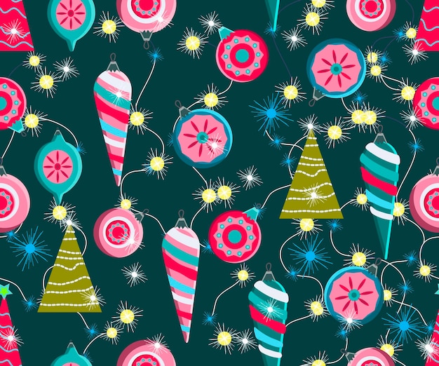 Kerst naadloos patroon leuke vector feestelijke achtergrond met vintage kerstversieringen gestileerde kerstboomverlichting voor uw vakantie winterdecoratie