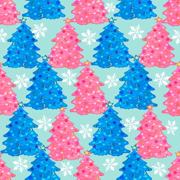 Kerst naadloos patroon met blauwe en roze kerstbomen en sneeuwvlokken.