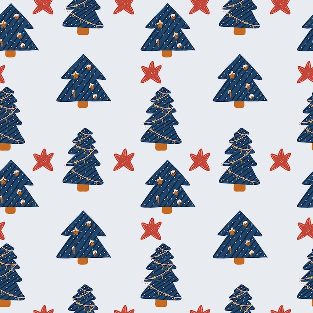 Kerst naadloos patroon met boom en ster. Vectorillustratie in een vlakke stijl.