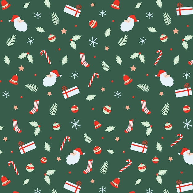 Vector kerst naadloos patroon met santa claus bells xmas bal zuurstokken cadeau sokken kerst blad tak kerst hand getekende vectorillustratie