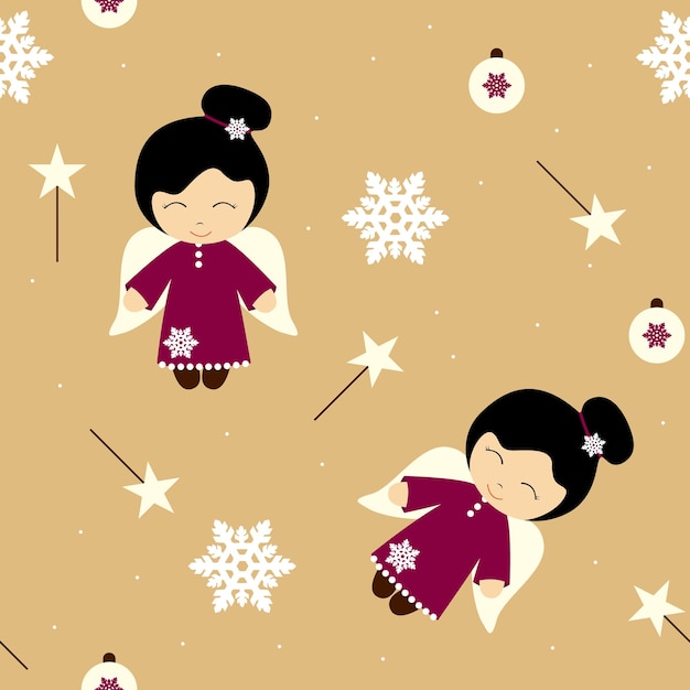 Kerst naadloos patroon met schattige engelen sneeuwballen en toverstaf op de achtergrond zoals ambachtelijk papier
