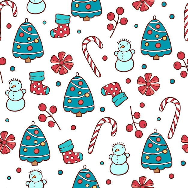 Kerst naadloos patroon met sneeuwpop, sparren en sneeuwvlokken. Perfect voor behang, inpakpapier, opvulpatronen, wintergroeten, webpagina-achtergrond, kerst- en nieuwjaarswenskaarten.