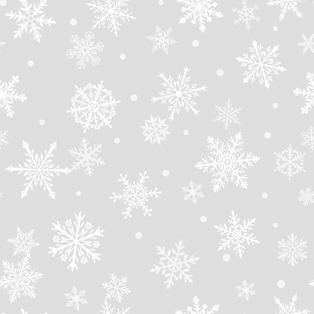 Kerst naadloos patroon van complexe grote en kleine sneeuwvlokken in witte kleuren op grijze achtergrond