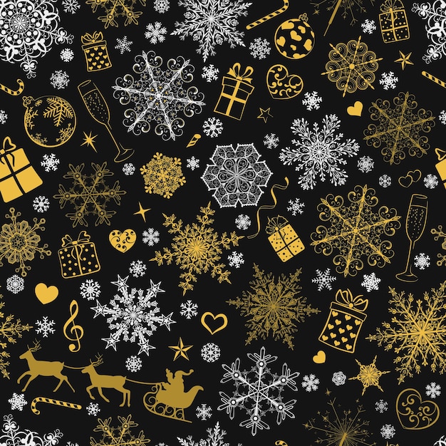 Kerst naadloos patroon van grote en kleine sneeuwvlokken en verschillende kerstsymbolen, wit en goud op zwart
