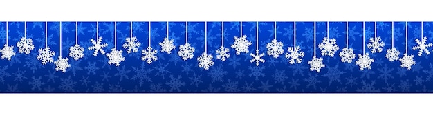 Kerst naadloze banner met witte hangende sneeuwvlokken met schaduwen op blauwe achtergrond