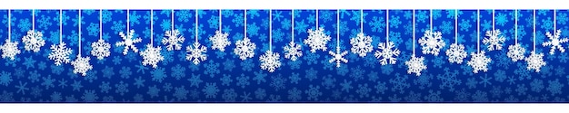 Kerst naadloze banner met witte hangende sneeuwvlokken met schaduwen op blauwe achtergrond